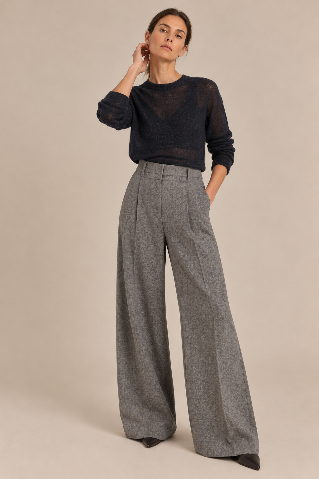 Pantalón ancho de lana con pinzas - NIEBLA