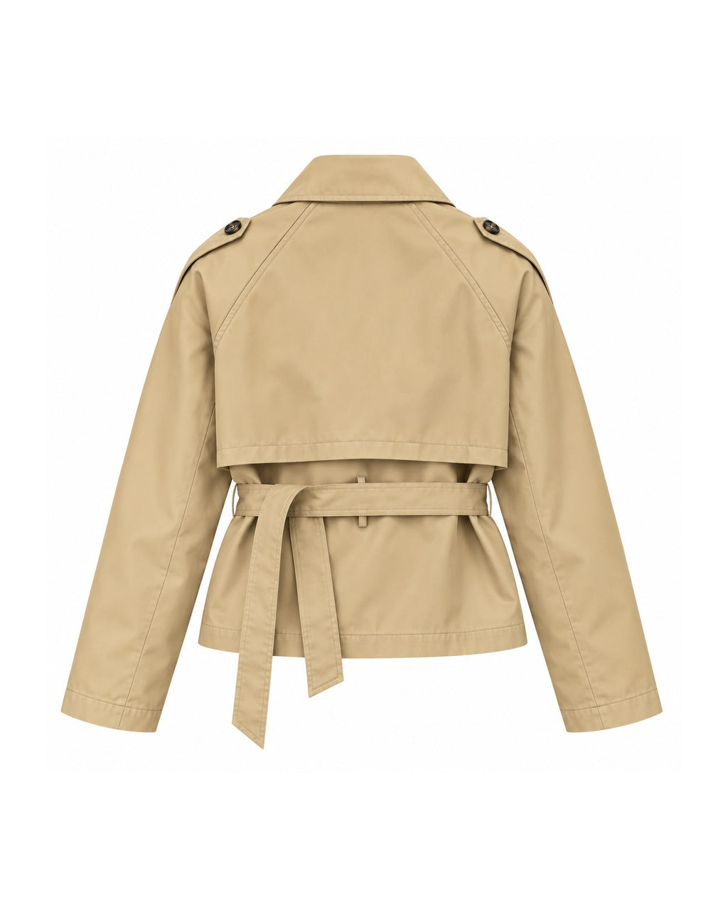 Chaqueta trench beige corta con cinturón, vista trasera