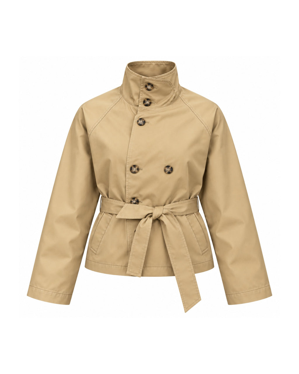 Chaqueta trench beige corta con cinturón, vista delantera